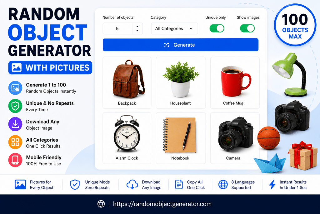 Free random object generator with pictures showing colorful everyday objects